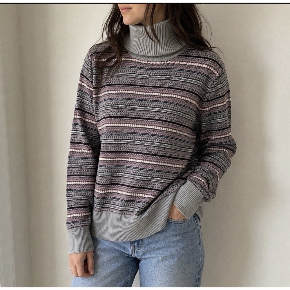 L.L.Bean Gray Fair Isle Turtleneck Sweater Cashmere Blend XLarge Preppy Gorpcore